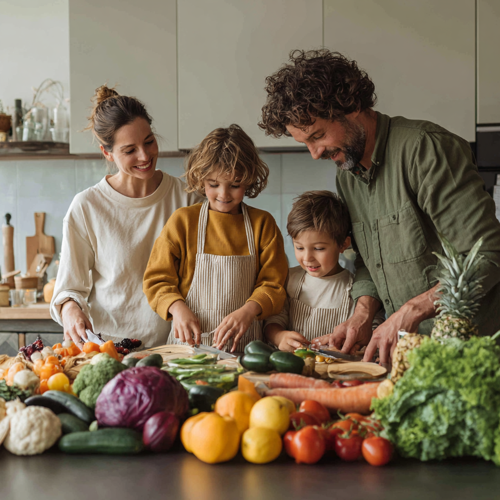 Команда професіоналів krulivest - щасливі спеціалісти європейської зовнішності в білих халатах усміхаються та тримають свіжі овочі та фрукти, природне освітлення, професійна атмосфера, реалістичний стиль